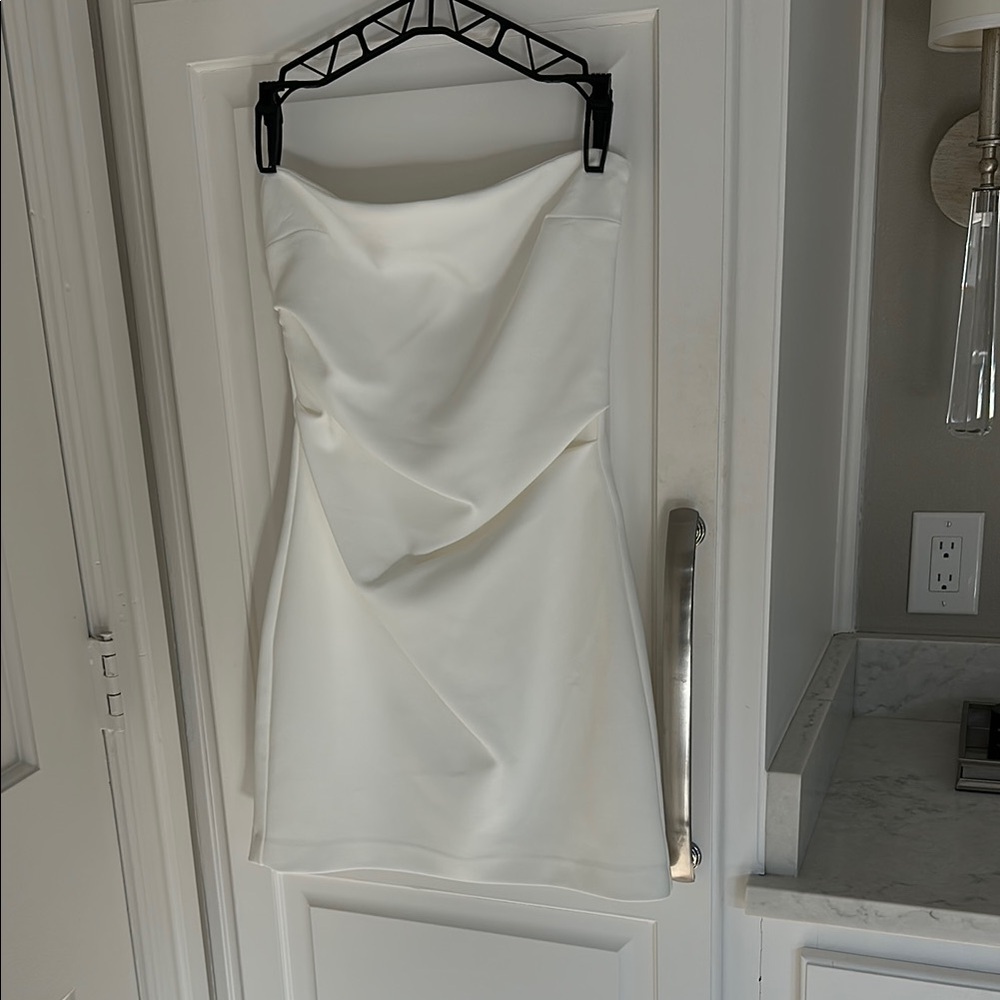 Asymmetrical White Ruched Strapless Sheath Dress